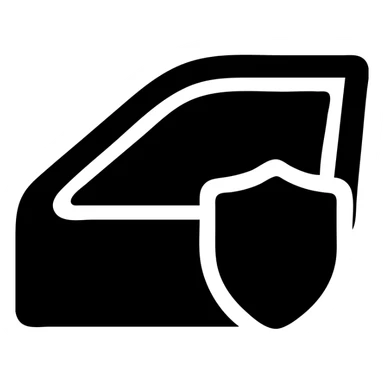 solid icon of luxury car side window, dark black with gray gradient, small shield or blocked sunbeam, subtle shading, minimal and elegant sticker