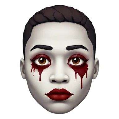 black male . The makeup consists of a white-painted face with black smudged eye makeup that extends outward, creating a haunting, exaggerated look. Their lips are painted deep red, smeared outward in an unsettling, almost sinister manner, resembling the Joker-inspired style of makeup. sticker