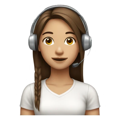 girl with long, straight brown hair, wearing a white shirt, wearing a headset sticker
