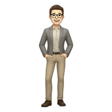 Joyful Full height Pale skinned Fit Man With dark brown hair in gray jacket, beige office shirt, Brown pants and vintage glasses. His thrumbs up sticker