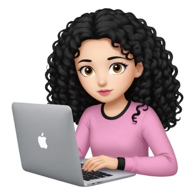 a girl typing mac book with long black curly hair and brown eyes with black eyeliner, pink shirt sticker