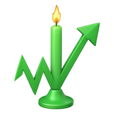 iOS-style 3D emoji: rising green candlestick chart with an upward-pointing arrow sticker