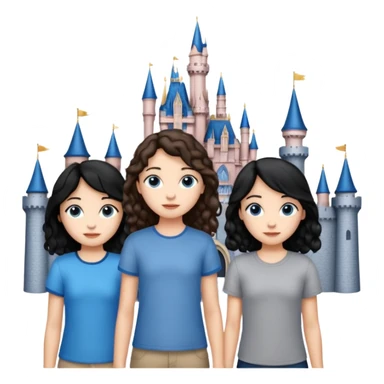 Castillo de Disney y por detrás o delante pon a quatro chicas: una con el pelo largo rizado marrón , otra con el pelo muy corto negro, como un chico, otra con el pelo mediano liso marrón con ojos azulesy otra con el pelo negro largo liso . Todos son color carne.  sticker