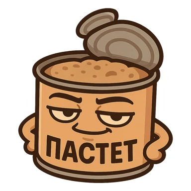 Chibi open pâté can character, masculine confident look, relaxed smug smile, heavy eyelids, strong outline, simple emoji style, neutral warm colors, minimal design, Twitch emote optimized, Cyrillic text "ПАСТЕТ" bold and clear sticker