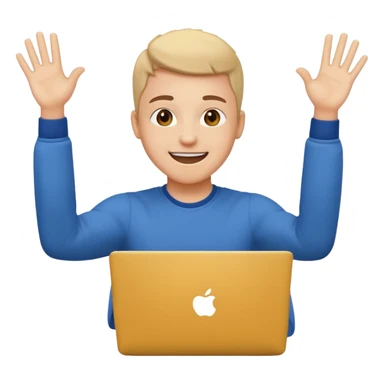 college student smiling in front of a laptop, arms raised in a hooray position, emoji style sticker