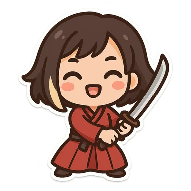 Convert this image to Twitch emoji format: chibi kawaii samurai girl with short hair and one streak of blonde in her hair, simplified details, bold outlines, clear facial expression, transparent background, sized for Twitch emoji use. sticker