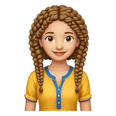 fair Indian girl with curly hair in a braid, smiling, yellow kurti, blue jeans, standing sticker