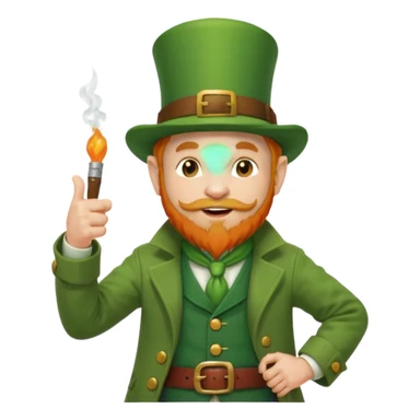 leprechaun looking up, and giving a thumbs up. on his left hand, he is holding his waist. change the hat band with orange band and a red belt. change the facial hair to white. on his mouth, he is smoking a red pipe. sticker