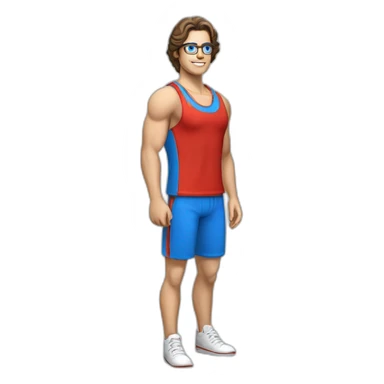 retro 70s blue and red gym clothes for a modern white brunette uni male student with glass sticker