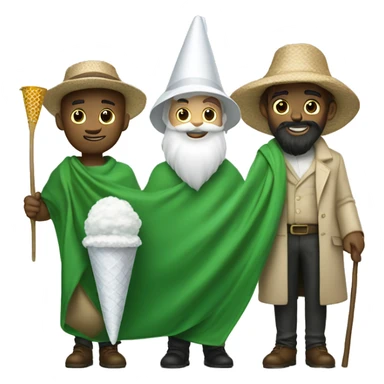 Guy with a green blanket, a white barbe with a butterfly catcher and a white cone-shaped hat sticker