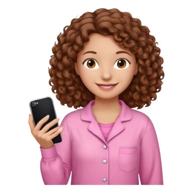 woman with curly brown hair wearing pink pajamas, iPhone emoji style sticker