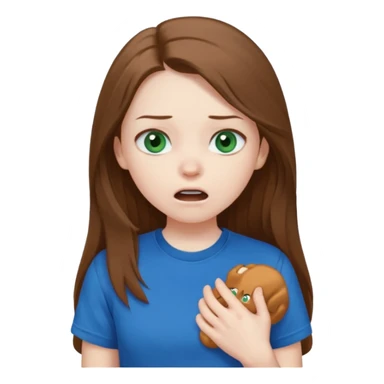 Cute girl with pale skin, long brown hair, dark green eyes and blue t shirt who is chocked sticker