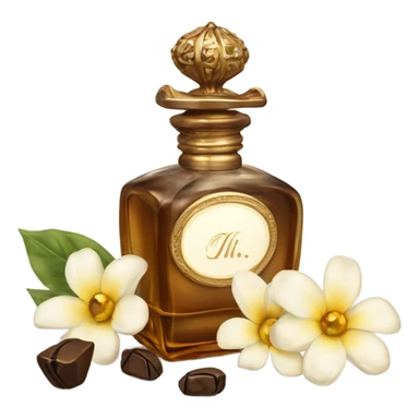 An antique perfume bottle with oil made of bronze and brown crystals, from which white cream and coffee milk flow, yellow flowers of fragrant vanilla lie next to it sticker