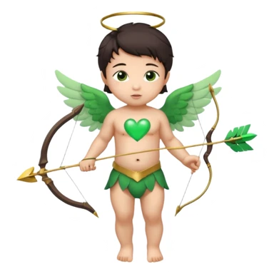 cupid asian baby flying full body with wings with brown eyes and dark hair handled bow and arrow green heart breaker and looking to heart sticker