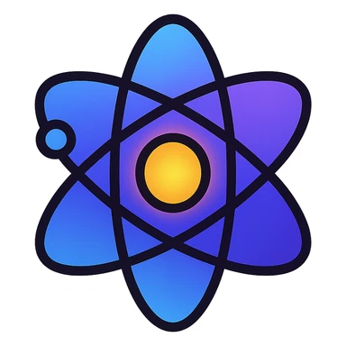 central glowing atomic symbol with cosmic gradient background blues purples, sleek 2D flat design, futuristic and clean, stands out at emoji scale sticker
