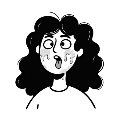 shocked woman with long messy curly black hair, thick goopy white liquid on cheeks, lips, tongue, tongue out, eyes wide open, gunk dripping and matting hair sticker