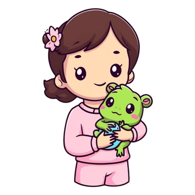 Cute little brunette girl wearing pastel pink and holding her soft, cute frog stuffy sticker
