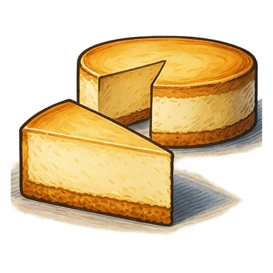 В слегка рисованном, но при этом ярком и объемном стиле с четкими линиями составь фотореалистичную композицию, где лежит кусок чизкейк, вырезанный из целого торта, профессиональный свет, подчеркивающий объем, сделай картинку более широкой, прозрачный фон sticker