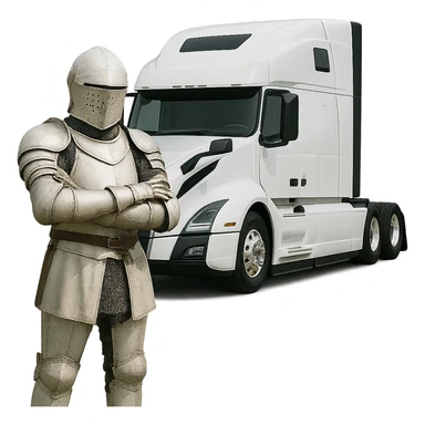 Remove the background, keep only the white knight and the 2022 white Volvo semi sleeper truck with transparent background. sticker