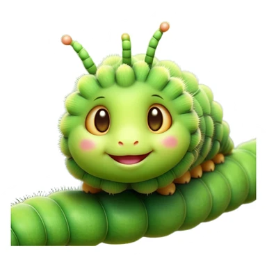 Cinematic Cute Caterpillar Portrait Emoji, Head tilted playfully and inquisitively, featuring a small, fuzzy body with rounded, plump segments, soft, endearing eyes and a charmingly wiggly movement, Simplified yet irresistibly adorable features, highly detailed, glowing with a warm, inviting green glow, high shine, affectionate and lively, stylized with a touch of whimsical woodland charm, soft glowing outline, capturing the essence of a mischievous caterpillar that seems as if it could crawl out of the screen into your arms! sticker