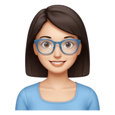 mujer de 30 años, cabello marron oscuro, anteojos cuadrados transparente, top celeste escote cuadrado, piel blanca, cara redonda sticker