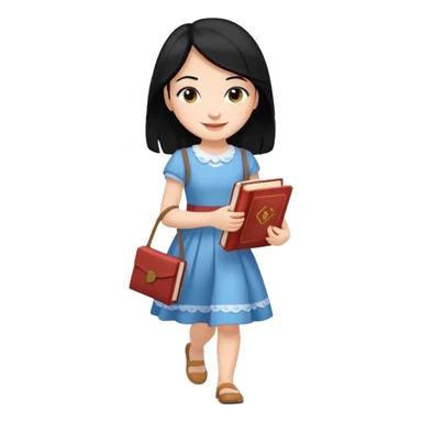 girl with black hair walking with book in、 sticker