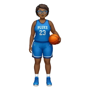 Full Body plus size white female with short dark hair with highlights spike hair wearing blue glasses basketball player wearing blue green uniform smiling sticker