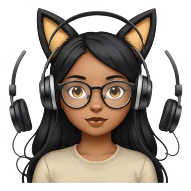 light brown skin girl with long black hair in a middle part and glasses wearing headphones with cat ears sticker