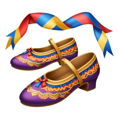 Icon for Folk Dance: close-up traditional dance shoes, colorful folk costumes, and a dance circle with ribbons. The icon should represent the vibrant and cultural aspects of folk dancing. Transparent background. sticker