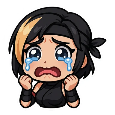 Sexy chibi ninja girl with black short hair and a blonde streak, only head and arms, colorful chibi style with bold outlines, transparent background, no mask, crying face with big teary eyes and a trembling mouth, sized for Twitch emoji use. sticker