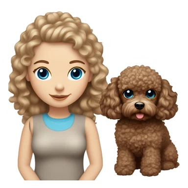 white girl with blue eyes and long curly brown hair with toy poodle dog breed sticker