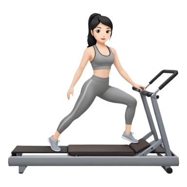 Fair-skinned black hair girl wearing grey workout set in leggings and bra doing pilates on a reformer sticker