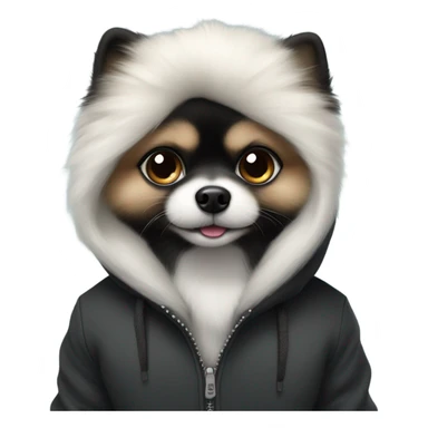 White with a little black Pomeranian in a hoodie sticker