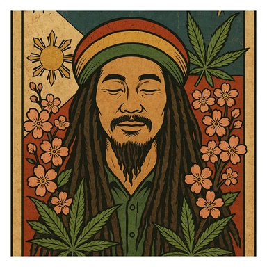 Vintage poster of an Asian Rasta with long dreadlocks, peaceful eyes, and a red-gold-green tam. Surrounded by cherry blossoms and ganja leaves. Background Asian flag. Retro reggae fusion vibe, with bold lines and aged paper texture. Philippines with the actual flag
 sticker