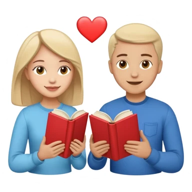 A man and a woman facing each other, both holding a single book together. From the book, colorful heart emojis are popping out playfully, creating a cheerful and romantic atmosphere sticker