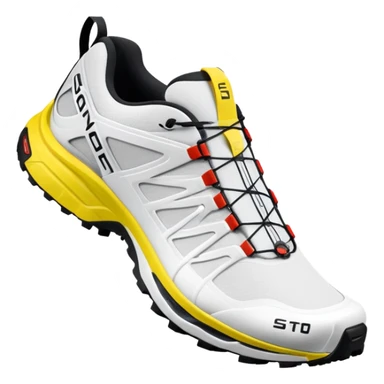 White Salomon XT-6 Gore-Tex trail running shoes, one positioned behind the other, simplified iOS emoji style, technical outdoor sneakers with trail sole, clean white colorway, minimalist design sticker