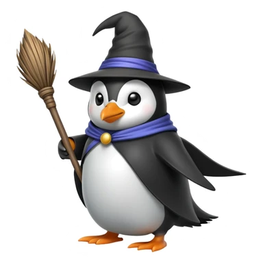 A penguin wizard riding a broomstick sticker