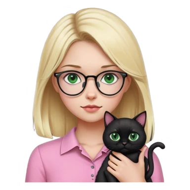 blonde girl wearing glasses and pink shirt with green eyes holding a black cat  sticker
