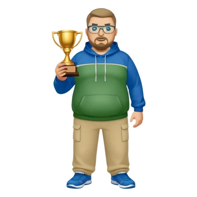 angry full body white obese male basketball coach with trophy. Goatee , Wearing glasses and blue and green hoodie and khaki pants sticker