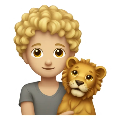 curly short blonde hair boy holding a lion sticker