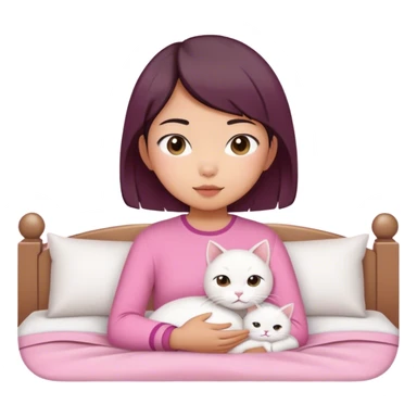 Short hair Asian girl in pink clothe wake up with white cat  sticker
