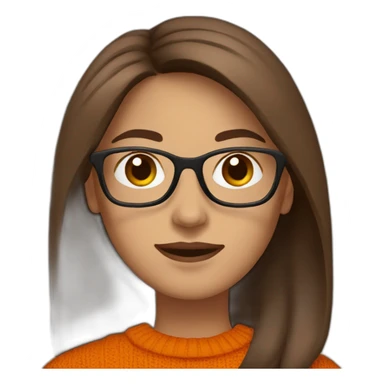 woman with white glasses with long straight brown hair waving wearing a dark orange sweater sticker