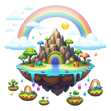 Floating islands with playful creatures, rainbow skies, soft magical lighting, 8K, no emoji icons, no emoji faces, still life sticker