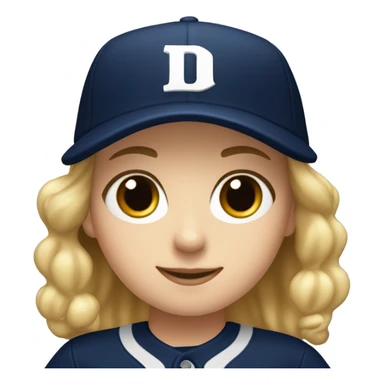 White girl who wearing navy ballcap emblazoned with a red D initial and wearing baseball uniform sticker