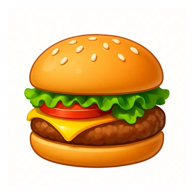 A classic single patty hamburger emoji,, glossy and colorful. Soft rounded bun with sesame seeds, one beef patty, fresh lettuce, ONE tomato slice, melted cheese, realistic but cartoonish look, clean white background sticker