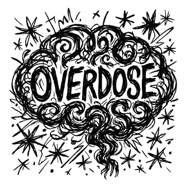 Add the word 'overdose' in the middle of the brain icon in chaotic black outline style. sticker