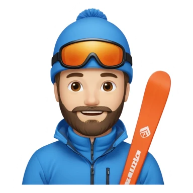 bearded man skiing, blue outfit, smiling sticker