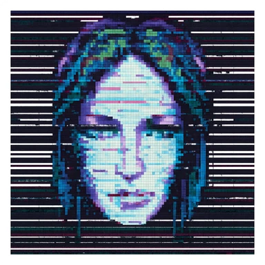 Add animated static lines to the pixelated face with glitchy lines in pixel art style, keeping the background transparent. Maintain the pixelated look and glitchy effect with static lines animation. sticker