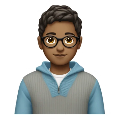A little boy that is about 10 years old, fair skin, wearing circular glasses and dark brown hair and a light blue sweater sticker