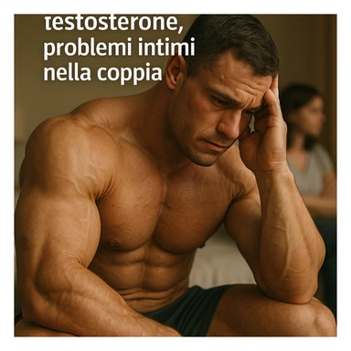  bodybuilder che fa cicli senza base di testosterone, con problemi intimi legati alla coppia, iper realistica, in italiano se usi testo sticker